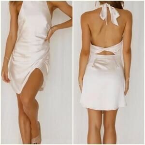 NEW Hello Molly Oyster Cream Heavy Heart Halter Satin Open Back Mini Dress S